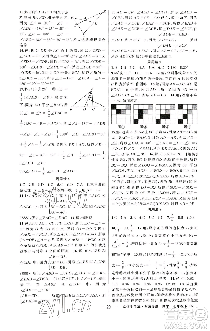 新疆青少年出版社2023四清導(dǎo)航七年級(jí)下冊(cè)數(shù)學(xué)北師大版遼寧專(zhuān)版參考答案