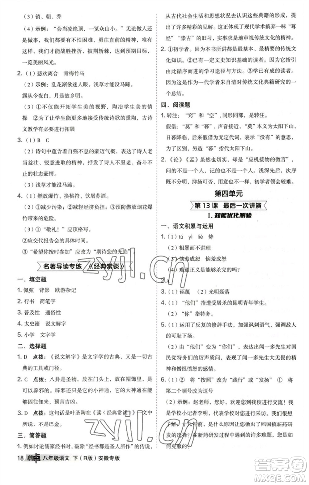 吉林教育出版社2023綜合應用創(chuàng)新題典中點八年級語文下冊人教版安徽專版參考答案