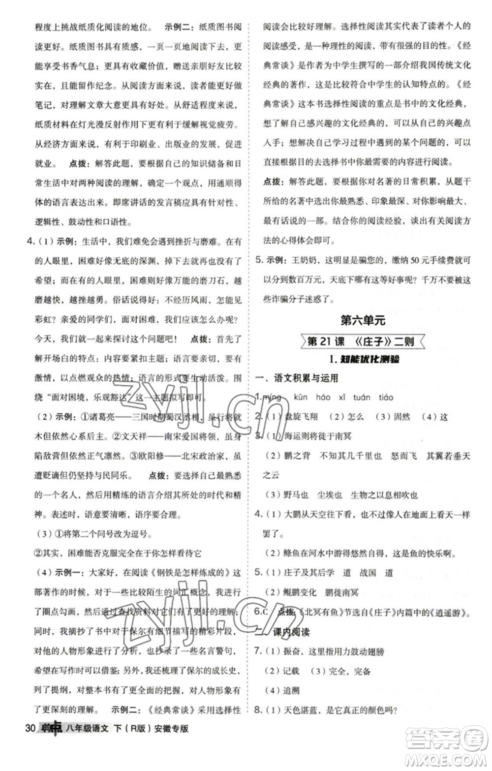 吉林教育出版社2023綜合應用創(chuàng)新題典中點八年級語文下冊人教版安徽專版參考答案