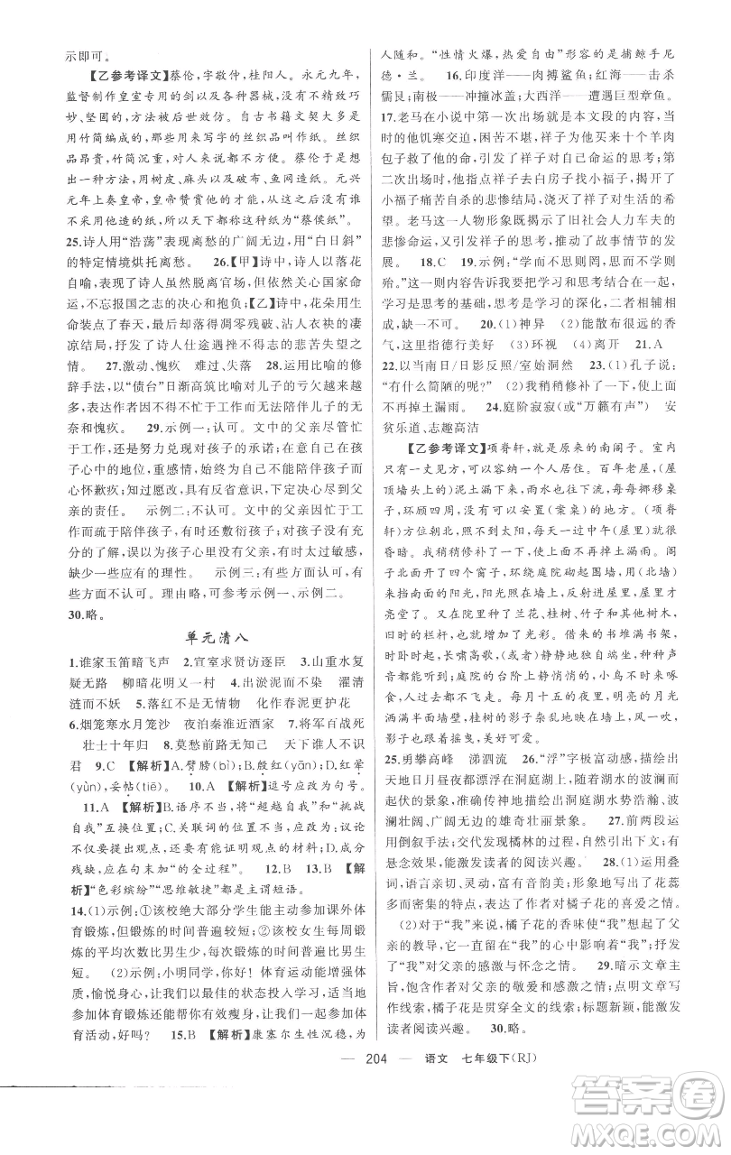 新疆青少年出版社2023四清導(dǎo)航七年級(jí)下冊(cè)語(yǔ)文人教版黃岡專(zhuān)版參考答案