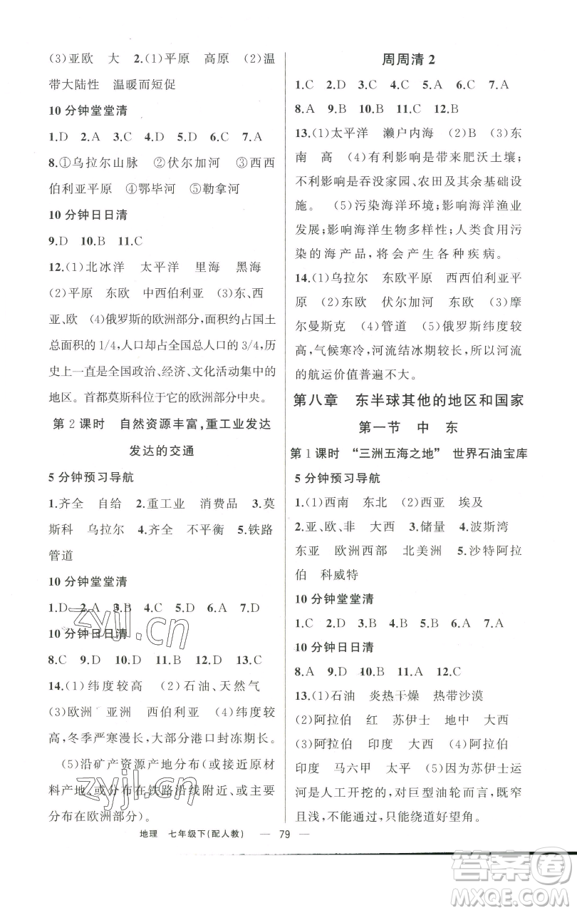 新疆青少年出版社2023四清導(dǎo)航七年級下冊地理人教版參考答案