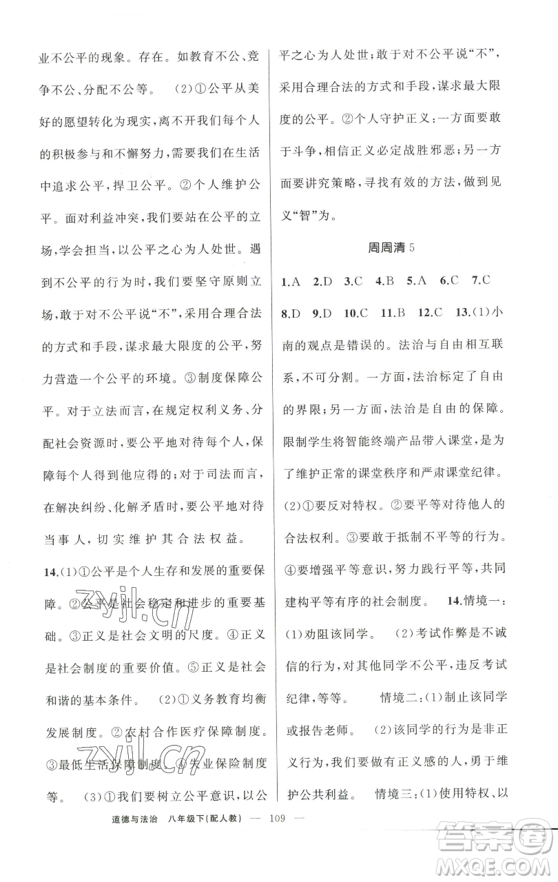 新疆青少年出版社2023四清導(dǎo)航八年級(jí)下冊(cè)道德與法治人教版參考答案