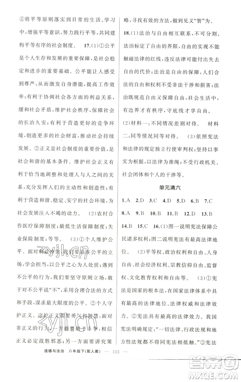 新疆青少年出版社2023四清導(dǎo)航八年級(jí)下冊(cè)道德與法治人教版參考答案