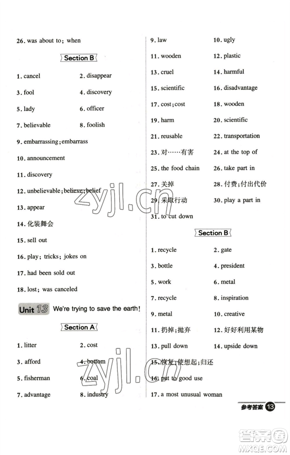 山西教育出版社2023綜合應(yīng)用創(chuàng)新題典中點(diǎn)九年級(jí)英語下冊(cè)人教版安徽專版參考答案