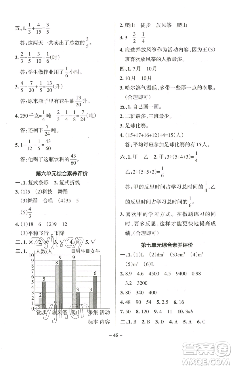 遼寧教育出版社2023小學學霸作業(yè)本五年級下冊數(shù)學青島版山東專版參考答案