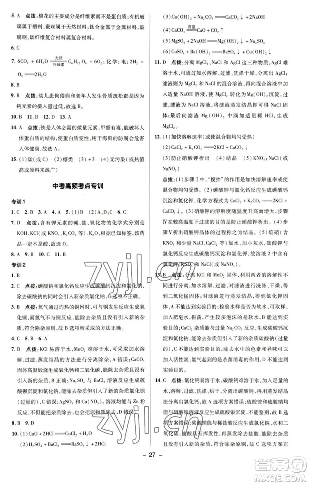 陜西人民教育出版社2023綜合應(yīng)用創(chuàng)新題典中點九年級化學(xué)下冊科粵版參考答案