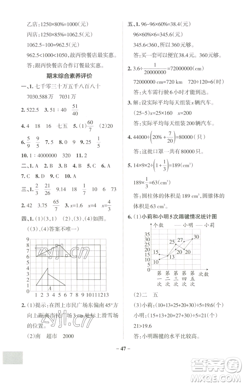 遼寧教育出版社2023小學(xué)學(xué)霸作業(yè)本六年級(jí)下冊(cè)數(shù)學(xué)人教版參考答案