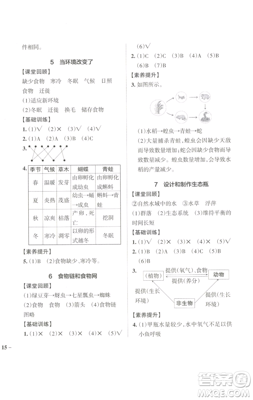 遼寧教育出版社2023小學(xué)學(xué)霸作業(yè)本五年級下冊科學(xué)教科版參考答案