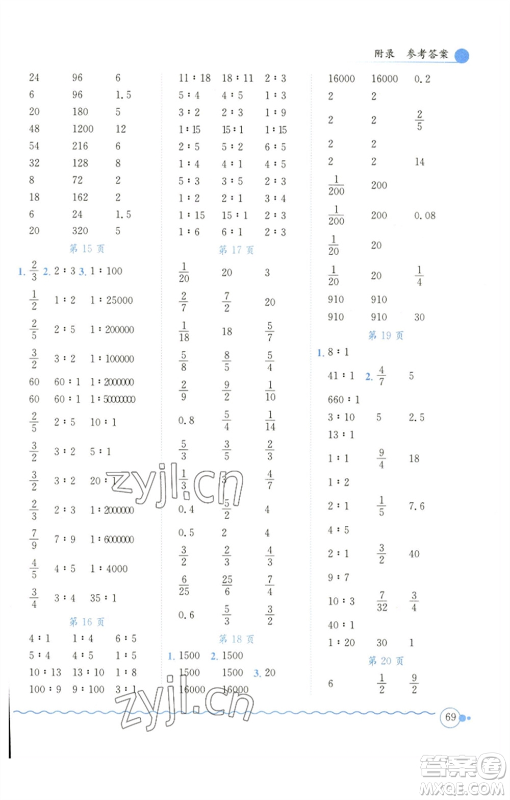 龍門書局2023黃岡小狀元口算速算練習冊六年級數(shù)學下冊北師大版參考答案