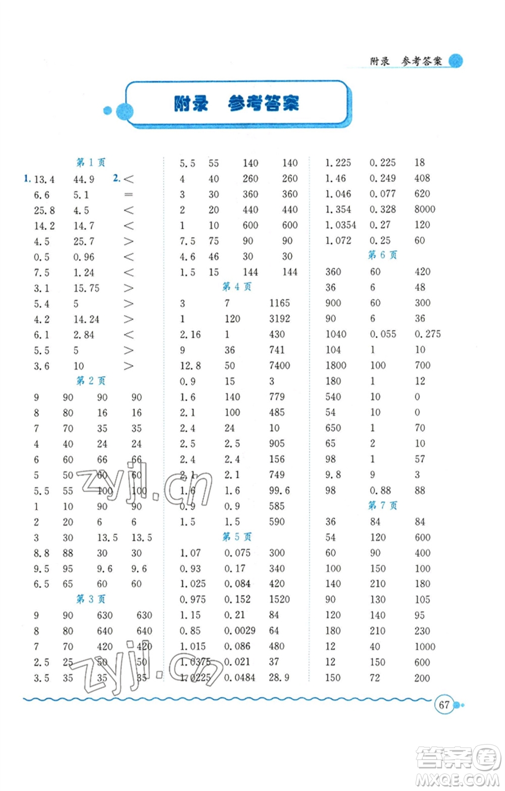 龍門書局2023黃岡小狀元口算速算練習(xí)冊六年級數(shù)學(xué)下冊人教版參考答案