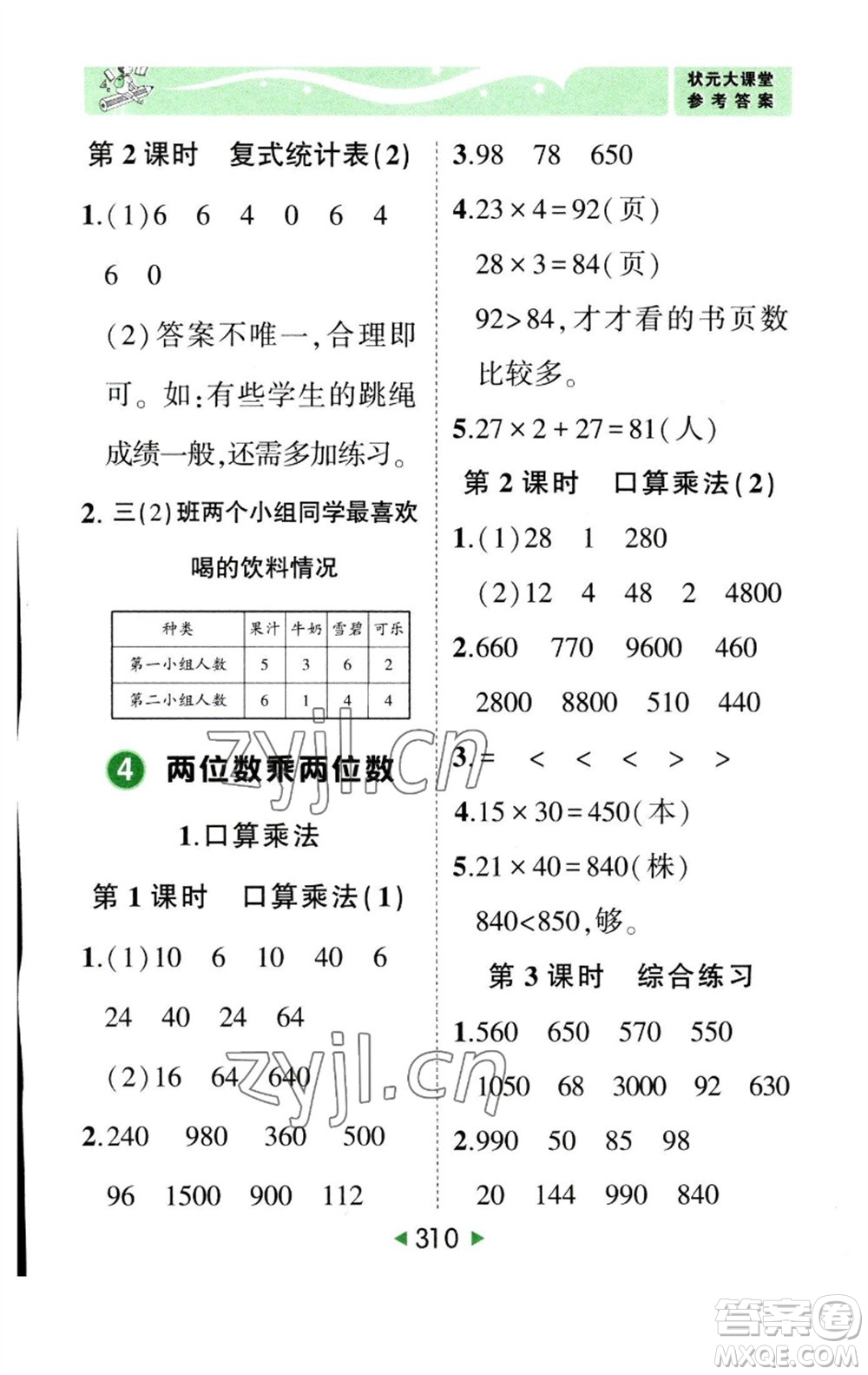 西安出版社2023春季狀元成才路狀元大課堂三年級數(shù)學(xué)下冊人教版參考答案