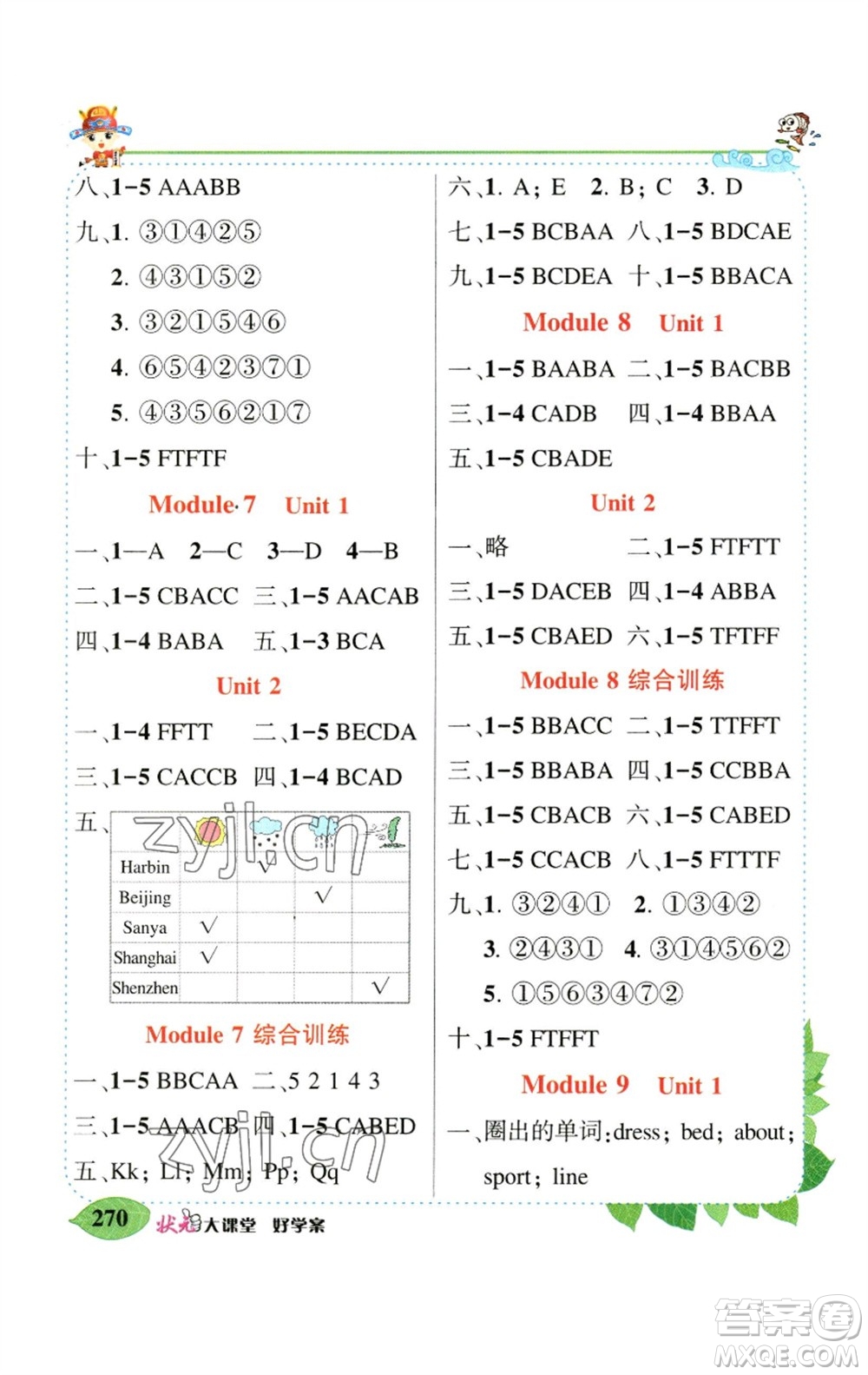 長江出版社2023春季狀元成才路狀元大課堂三年級(jí)英語下冊外研版參考答案