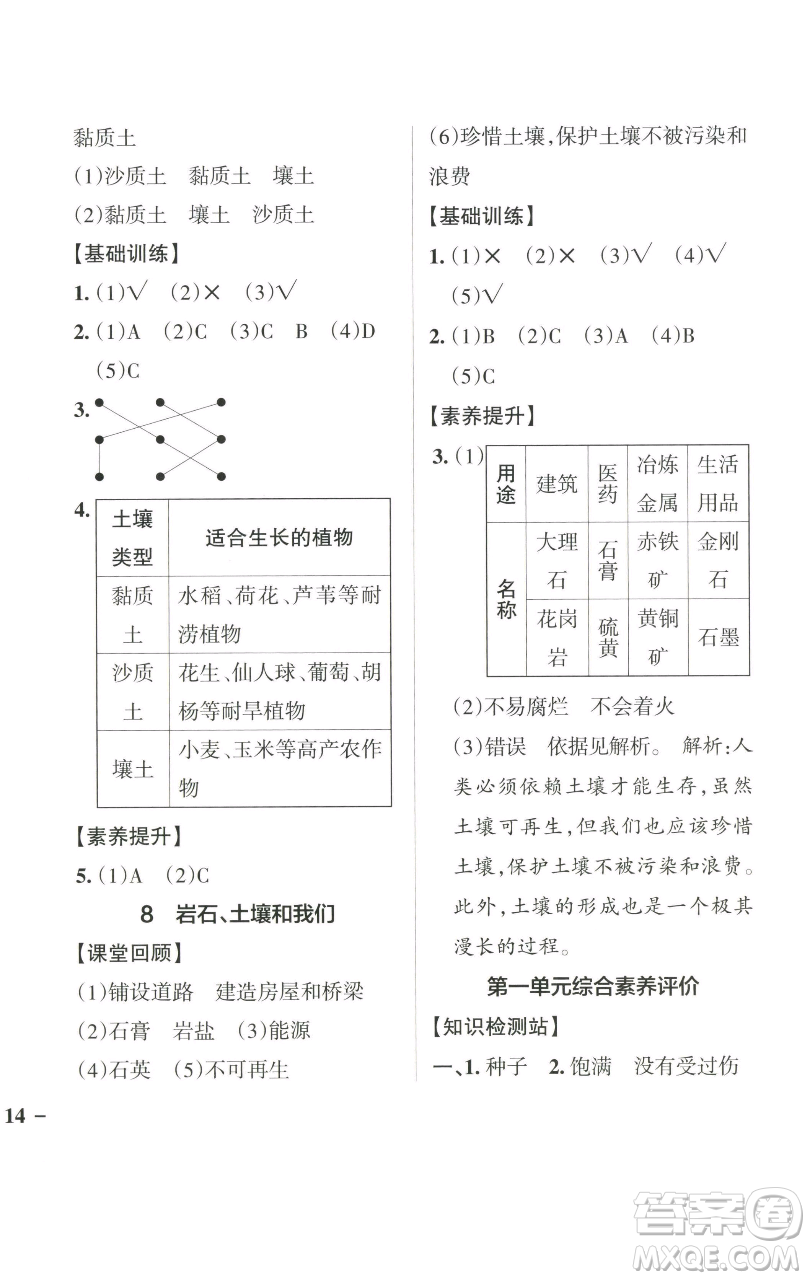 遼寧教育出版社2023小學(xué)學(xué)霸作業(yè)本四年級下冊科學(xué)教科版參考答案