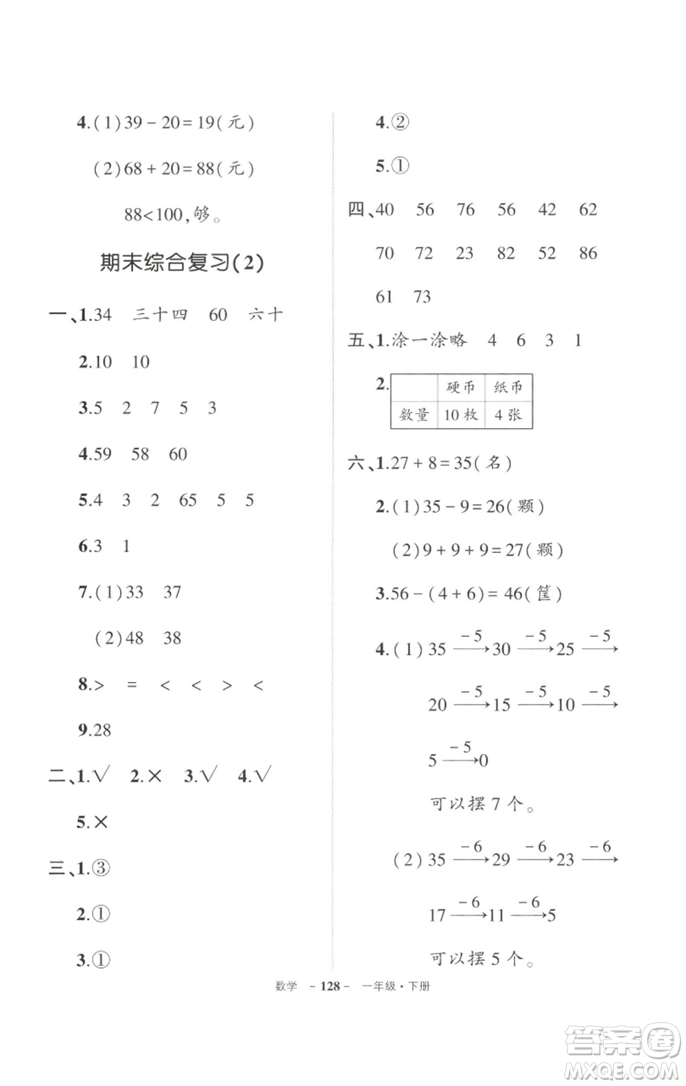 武漢出版社2023狀元成才路創(chuàng)優(yōu)作業(yè)100分一年級(jí)數(shù)學(xué)下冊(cè)人教版參考答案