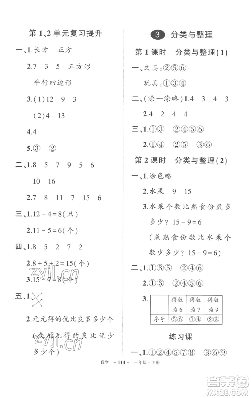 武漢出版社2023狀元成才路創(chuàng)優(yōu)作業(yè)100分一年級(jí)數(shù)學(xué)下冊(cè)人教版湖北專版參考答案