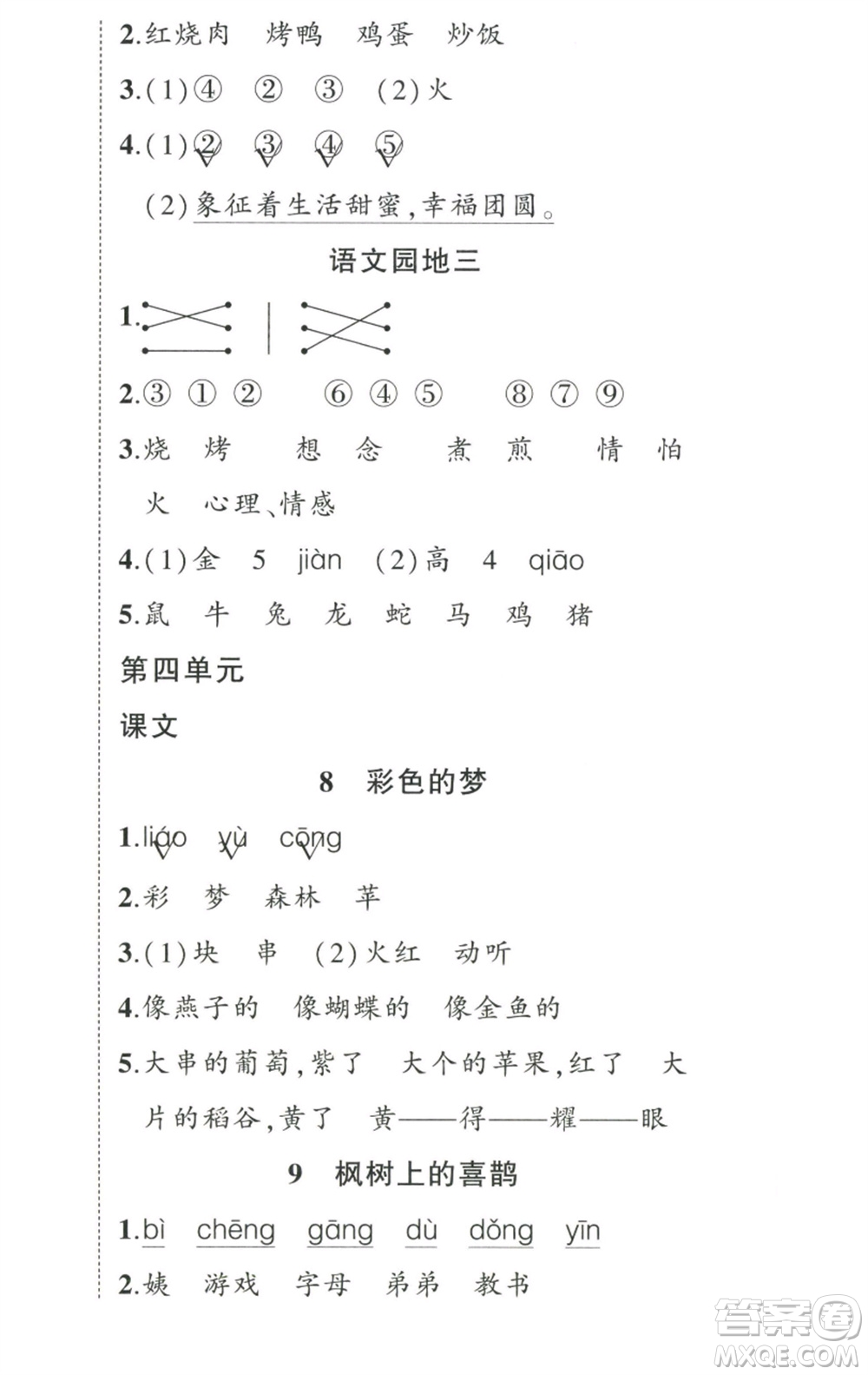 武漢出版社2023狀元成才路創(chuàng)優(yōu)作業(yè)100分二年級語文下冊人教版參考答案