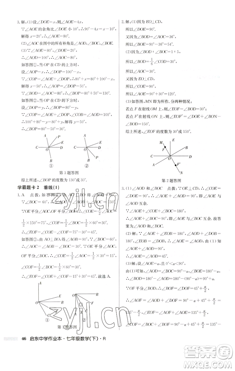 龍門書局2023啟東中學(xué)作業(yè)本七年級(jí)下冊(cè)數(shù)學(xué)人教版參考答案