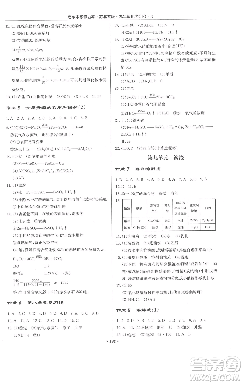 龍門書局2023啟東中學(xué)作業(yè)本九年級下冊化學(xué)人教版蘇北專版參考答案