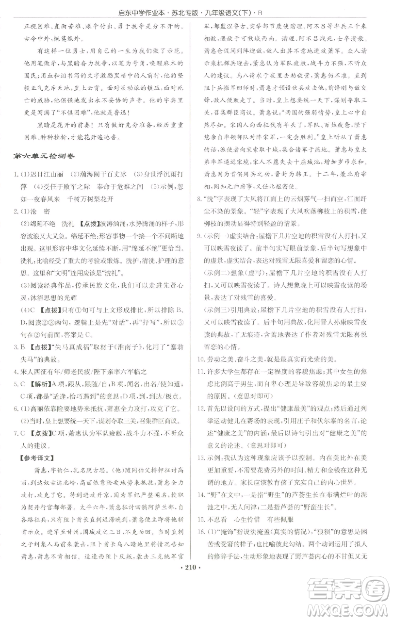 龍門書局2023啟東中學作業(yè)本九年級下冊語文人教版蘇北專版參考答案