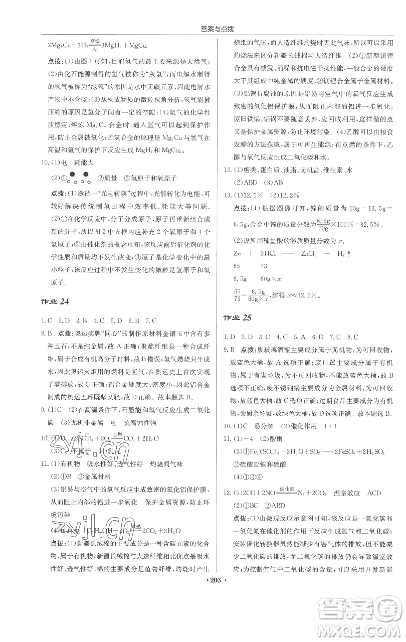 龍門書局2023啟東中學作業(yè)本九年級下冊化學滬教版參考答案