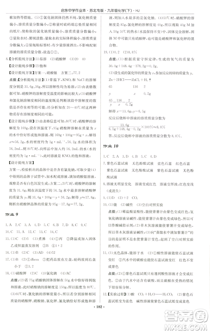 龍門書局2023啟東中學作業(yè)本九年級下冊化學滬教版蘇北專版參考答案