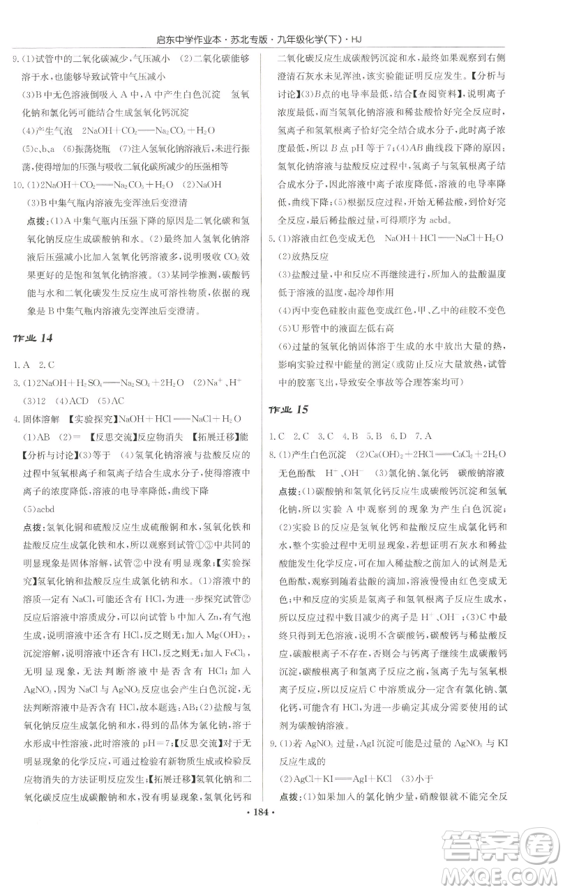 龍門書局2023啟東中學作業(yè)本九年級下冊化學滬教版蘇北專版參考答案