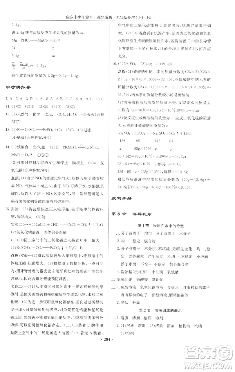 龍門書局2023啟東中學作業(yè)本九年級下冊化學滬教版蘇北專版參考答案