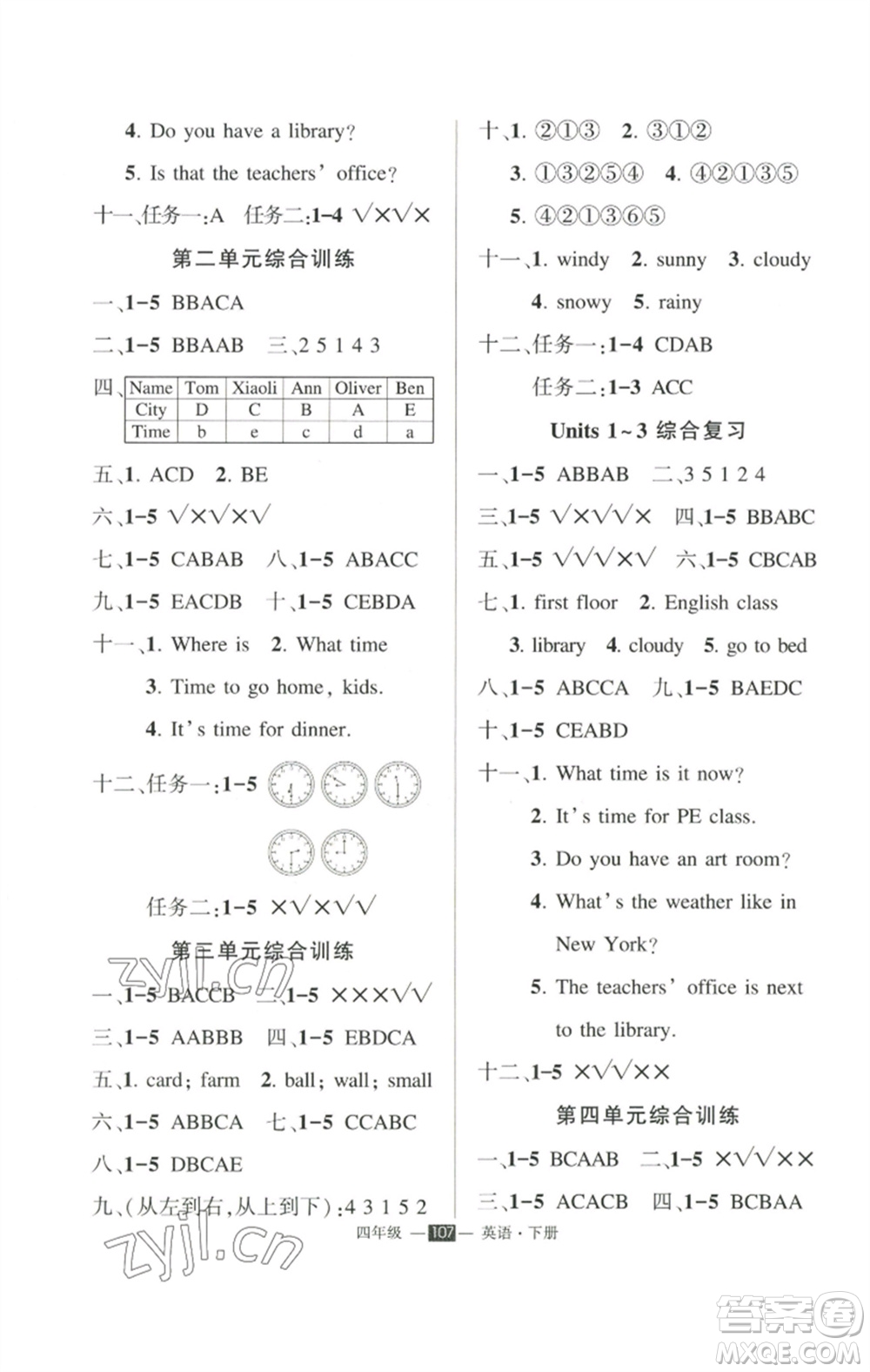 長江出版社2023狀元成才路創(chuàng)優(yōu)作業(yè)100分四年級英語下冊人教PEP版參考答案