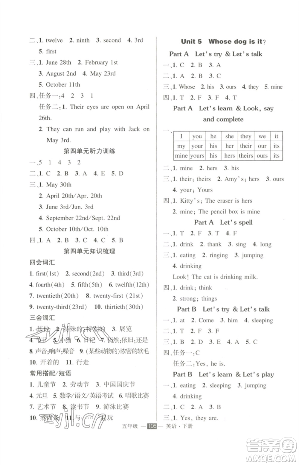 長(zhǎng)江出版社2023狀元成才路創(chuàng)優(yōu)作業(yè)100分五年級(jí)英語(yǔ)下冊(cè)人教PEP版參考答案