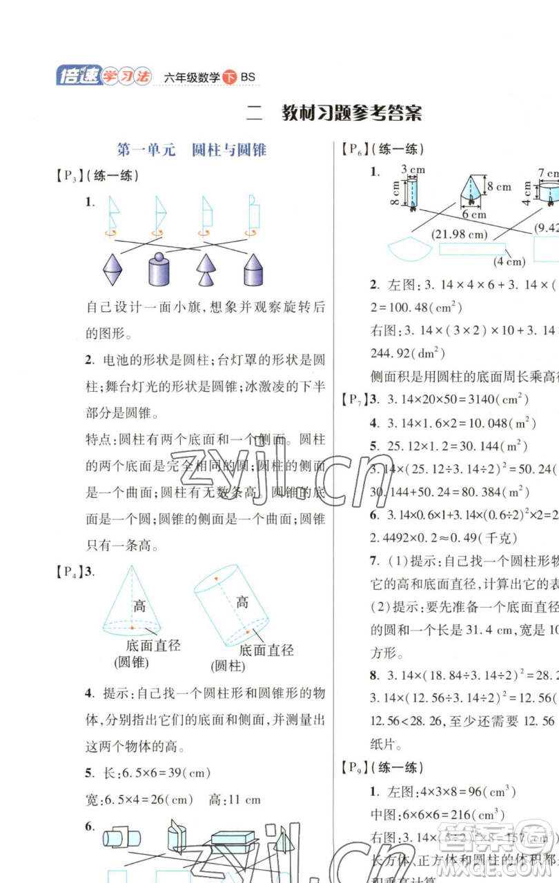 開明出版社2023倍速學習法六年級下冊數學北師大版參考答案