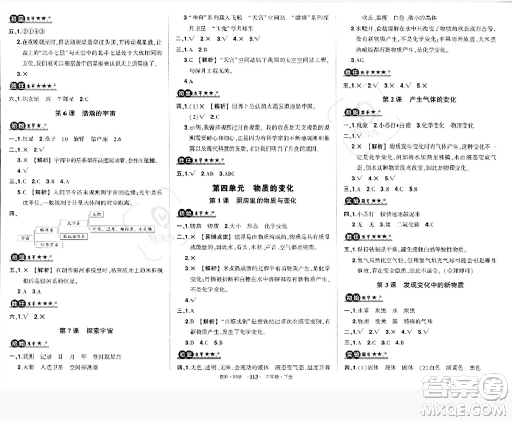 武漢出版社2023狀元成才路創(chuàng)優(yōu)作業(yè)100分六年級(jí)科學(xué)下冊(cè)教科版參考答案