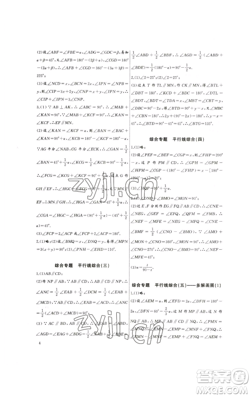 長江少年兒童出版社2023思維新觀察培優(yōu)講練七年級下冊數(shù)學(xué)人教版參考答案