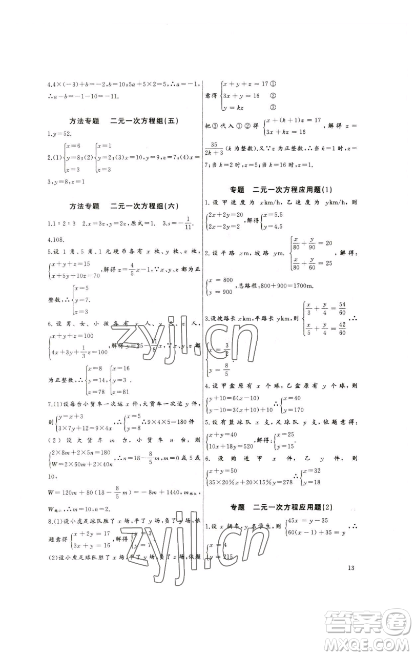 長江少年兒童出版社2023思維新觀察培優(yōu)講練七年級下冊數(shù)學(xué)人教版參考答案