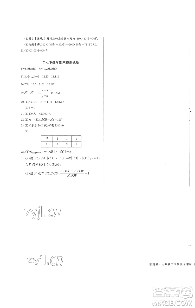 長江少年兒童出版社2023思維新觀察七年級下冊數(shù)學(xué)人教版參考答案