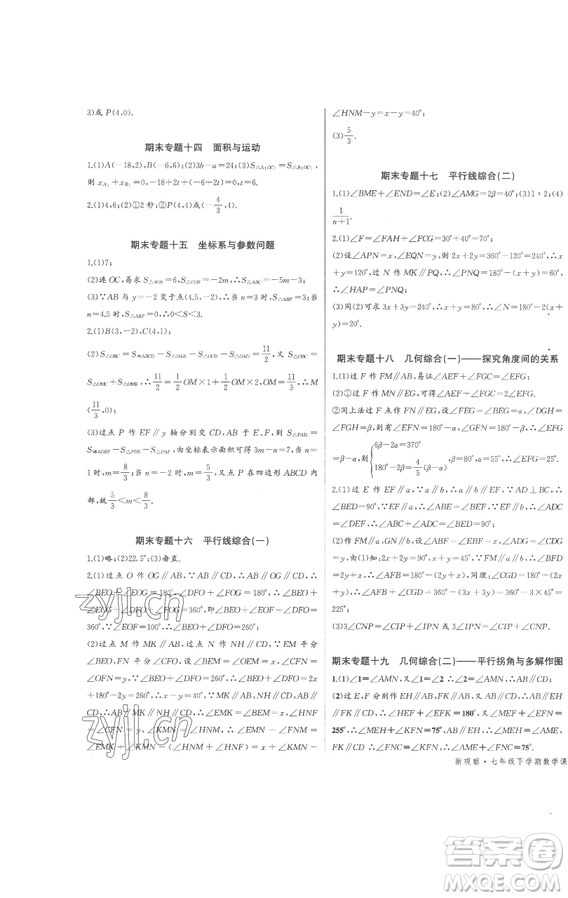 長江少年兒童出版社2023思維新觀察七年級下冊數(shù)學(xué)人教版參考答案