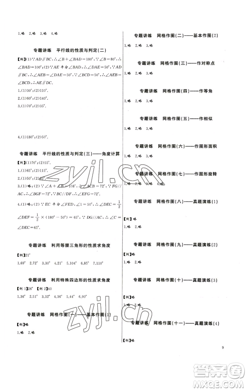 長江少年兒童出版社2023思維新觀察中考數學專題復習參考答案