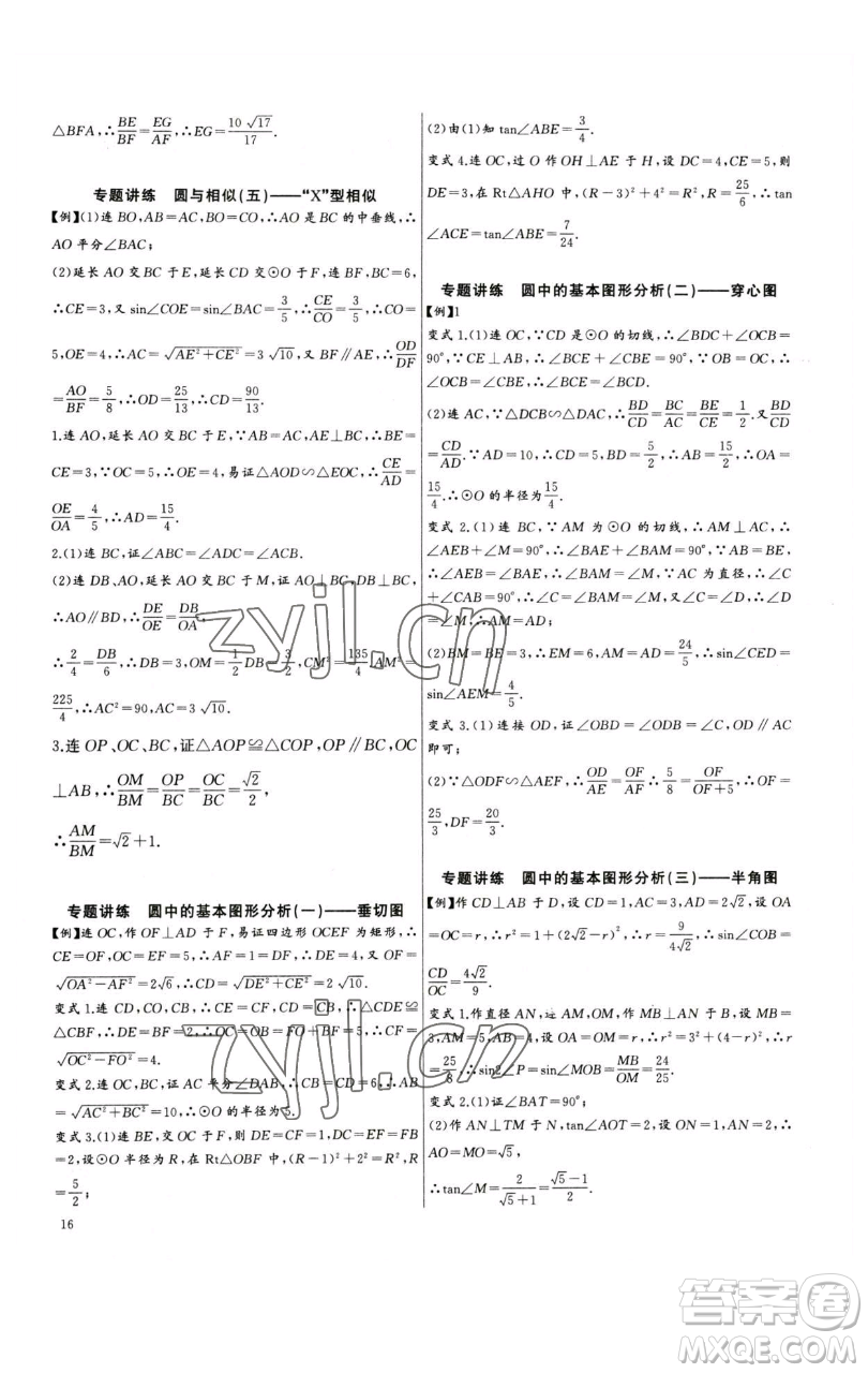 長江少年兒童出版社2023思維新觀察中考數學專題復習參考答案