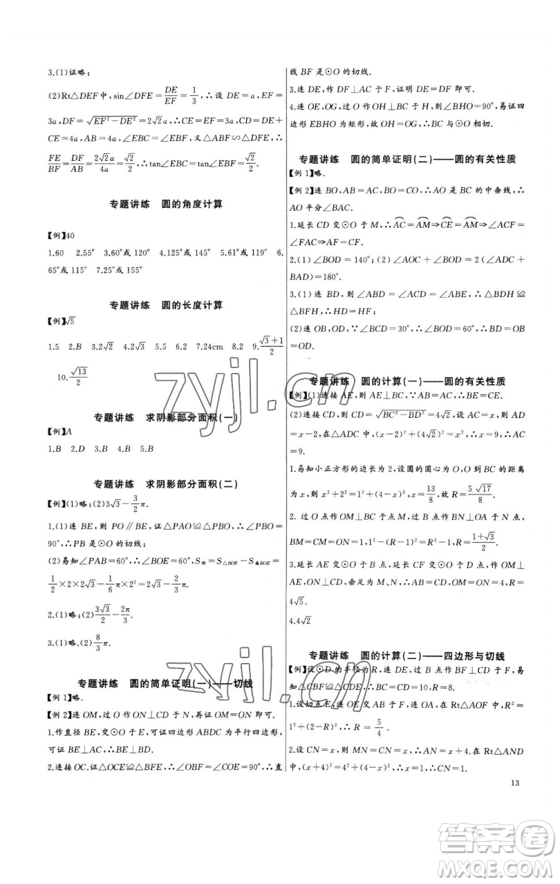 長江少年兒童出版社2023思維新觀察中考數學專題復習參考答案