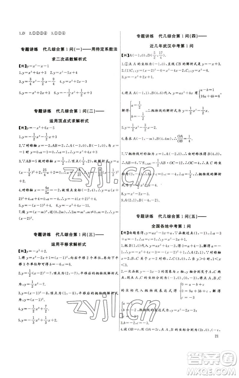 長江少年兒童出版社2023思維新觀察中考數學專題復習參考答案