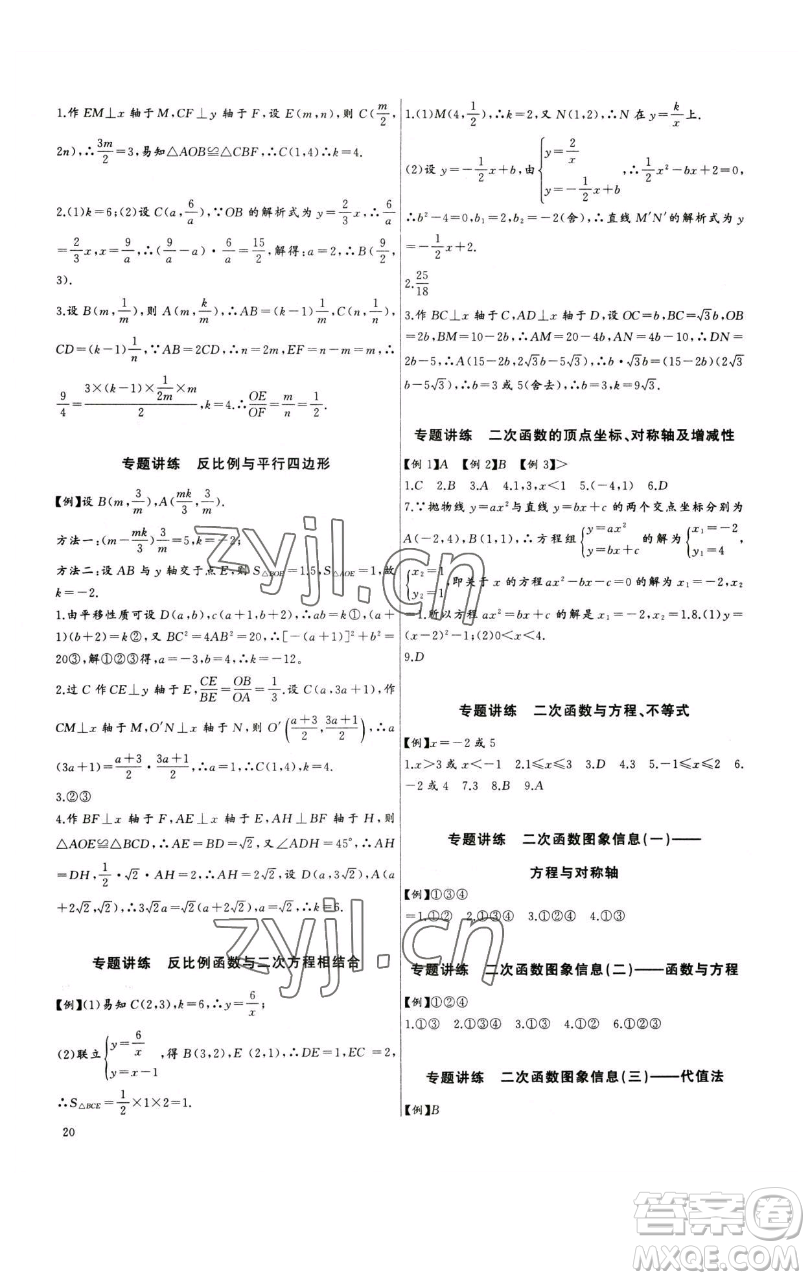 長江少年兒童出版社2023思維新觀察中考數學專題復習參考答案