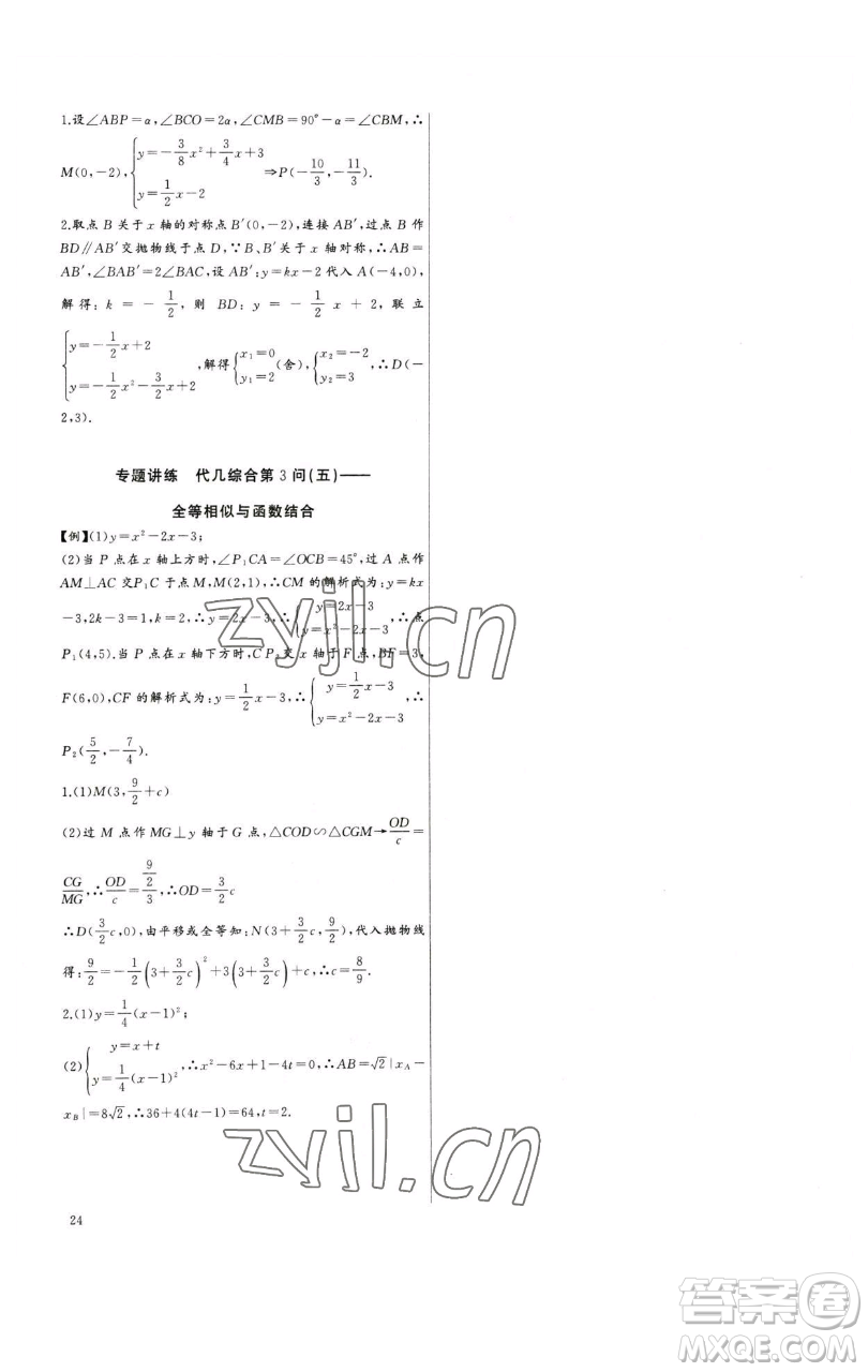 長江少年兒童出版社2023思維新觀察中考數學專題復習參考答案