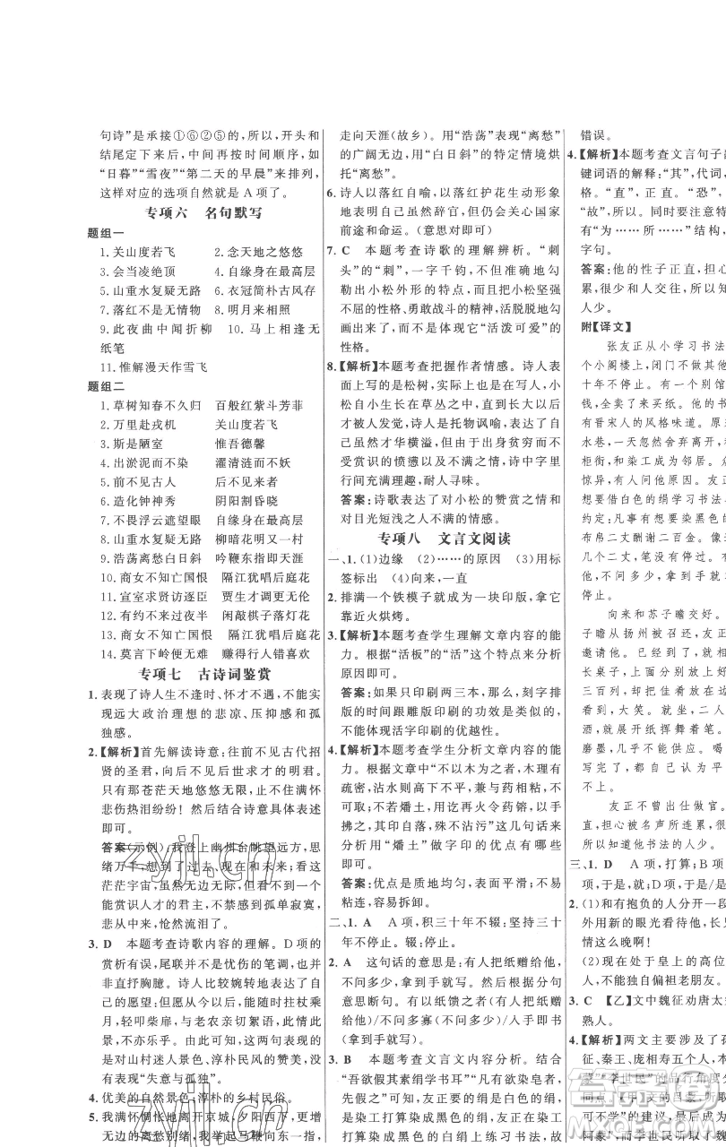 延邊大學(xué)出版社2023世紀(jì)金榜百練百勝七年級下冊語文人教版參考答案