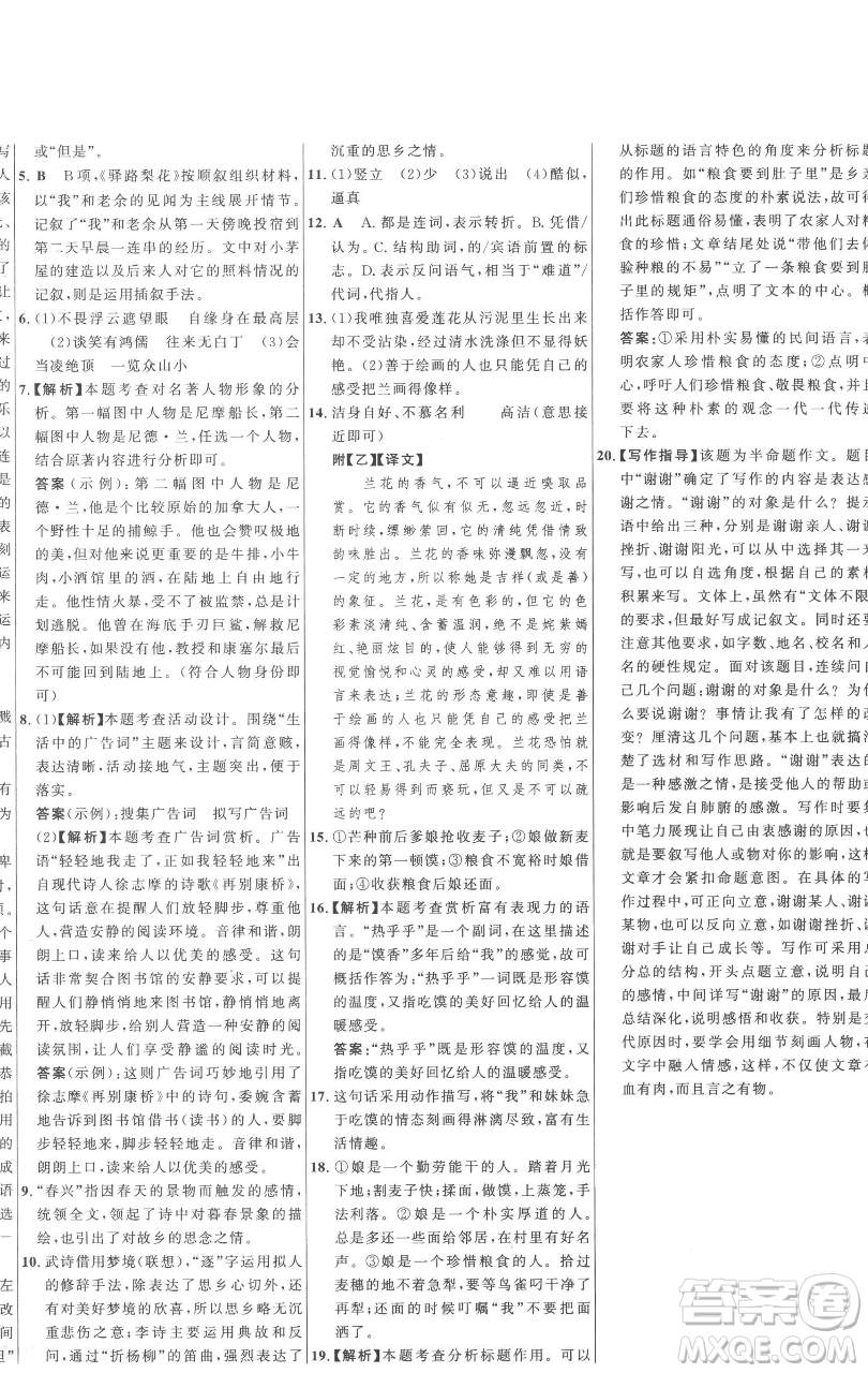 延邊大學(xué)出版社2023世紀(jì)金榜百練百勝七年級下冊語文人教版參考答案