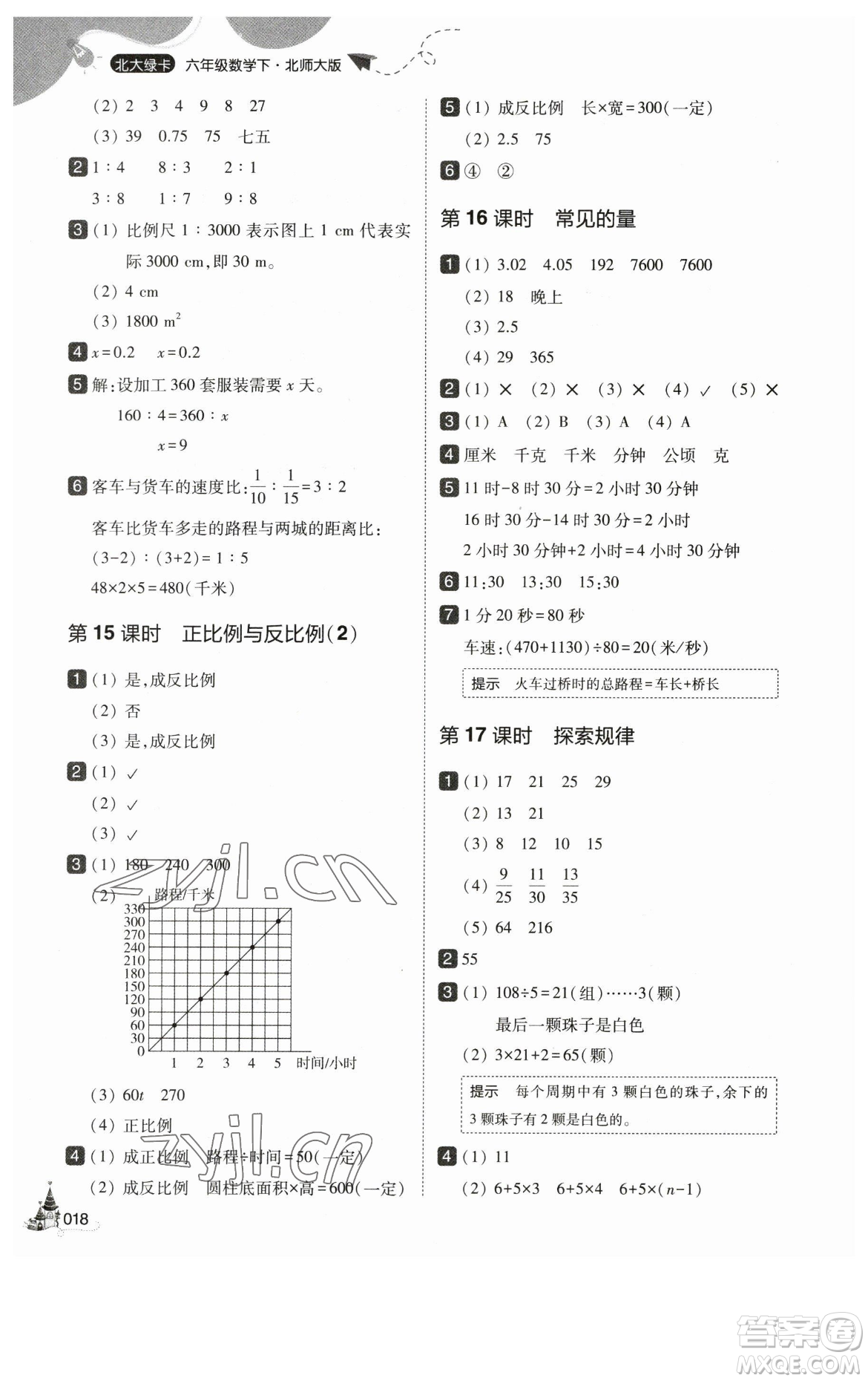 東北師范大學(xué)出版社2023北大綠卡六年級下冊數(shù)學(xué)北師大版參考答案