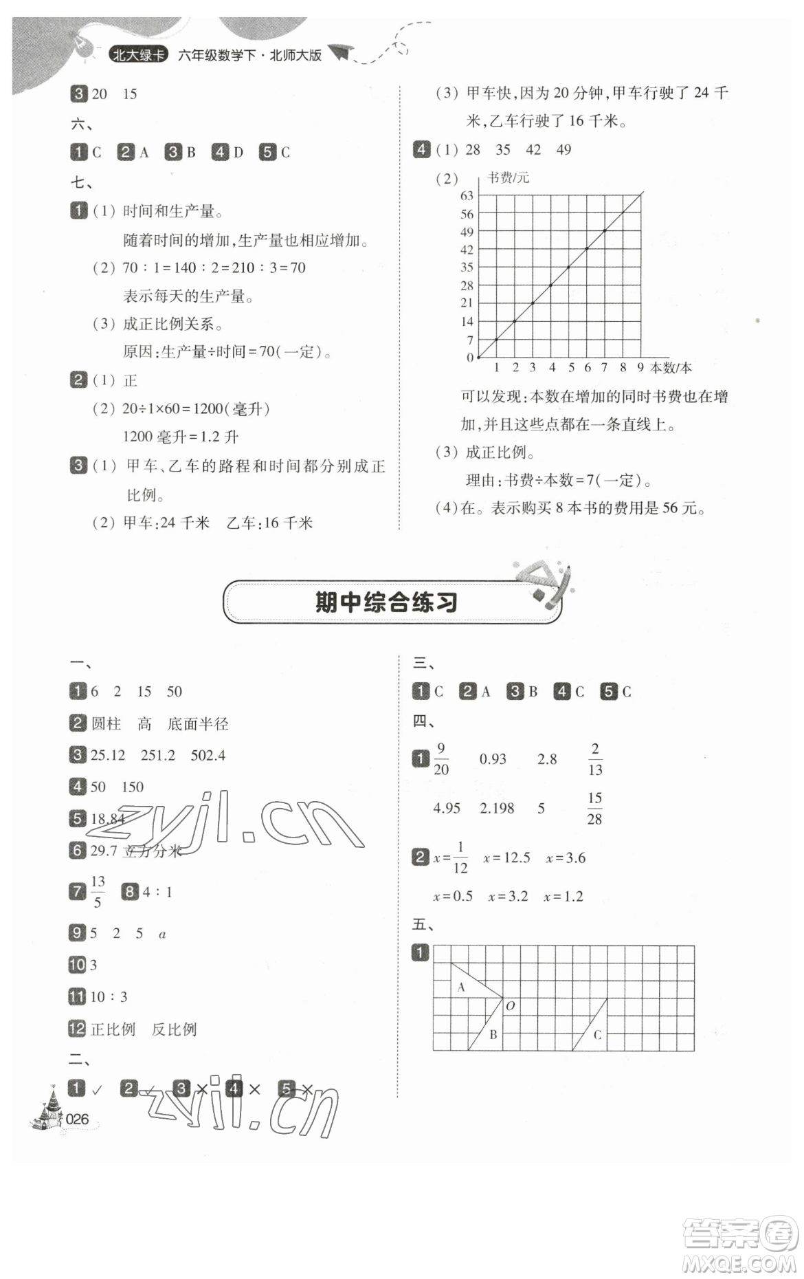 東北師范大學(xué)出版社2023北大綠卡六年級下冊數(shù)學(xué)北師大版參考答案