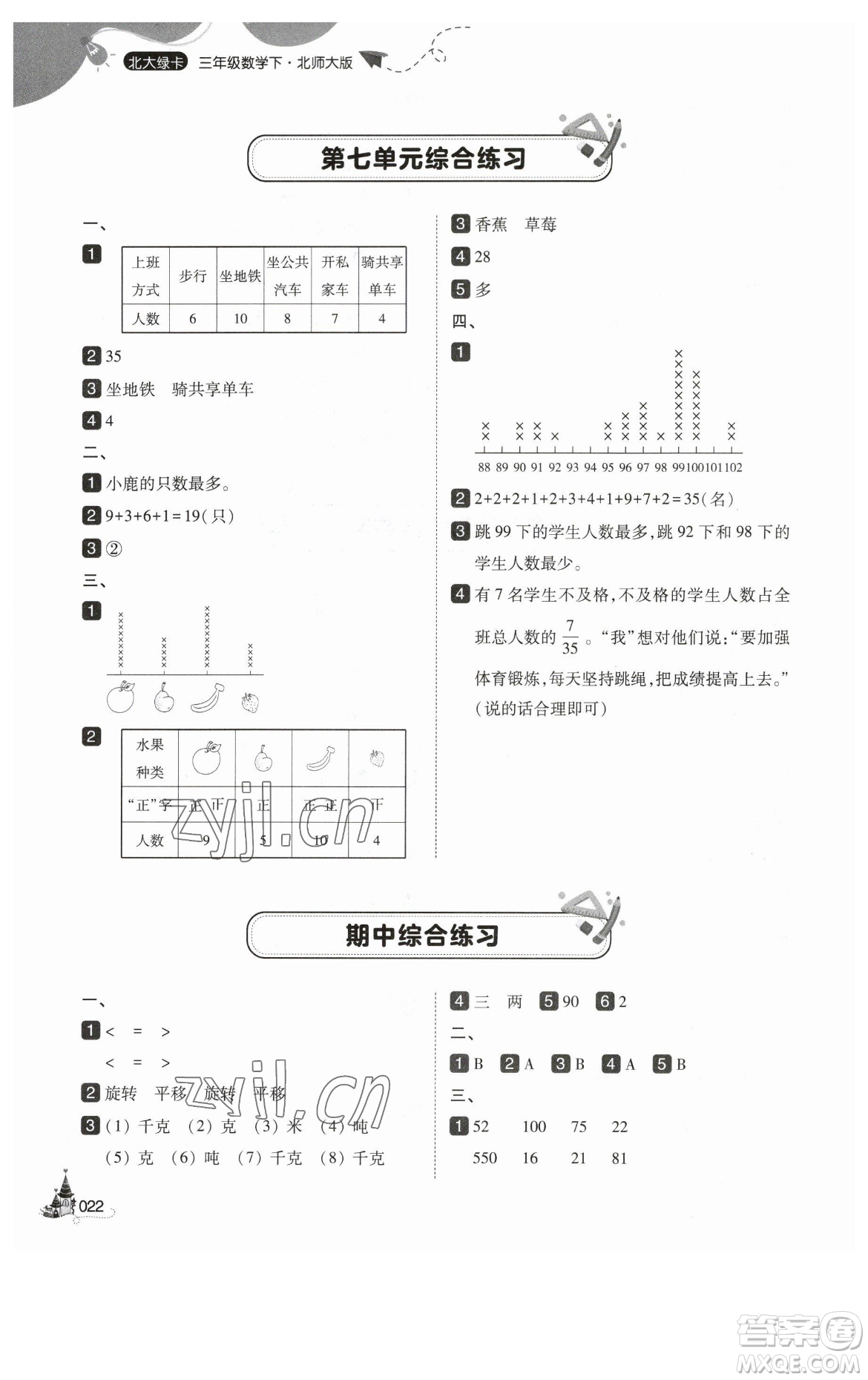 東北師范大學(xué)出版社2023北大綠卡三年級(jí)下冊(cè)數(shù)學(xué)北師大版參考答案