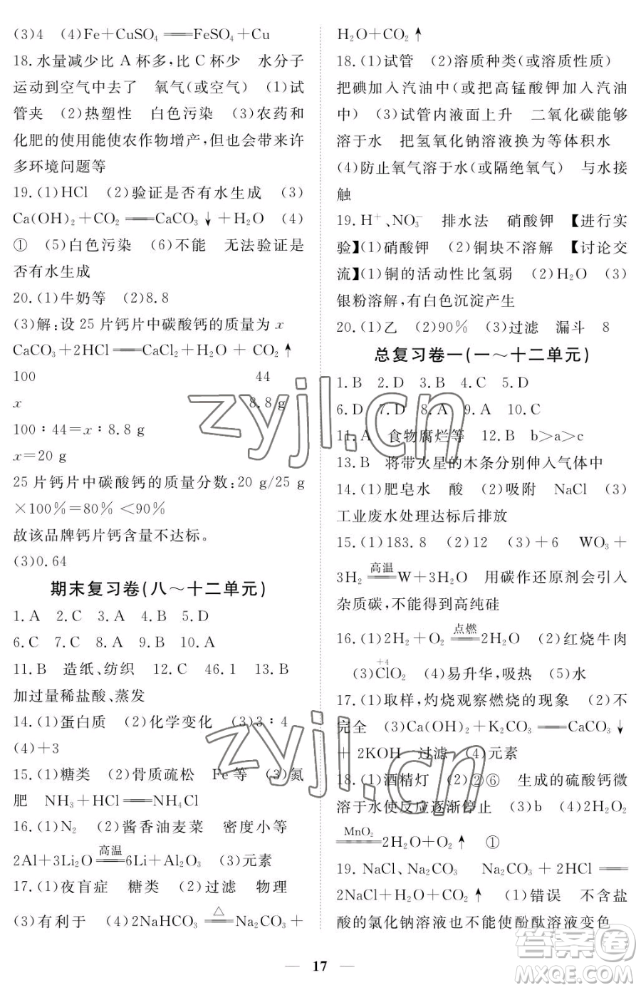 江西人民出版社2023一課一練創(chuàng)新練習(xí)九年級(jí)下冊(cè)化學(xué)人教版參考答案