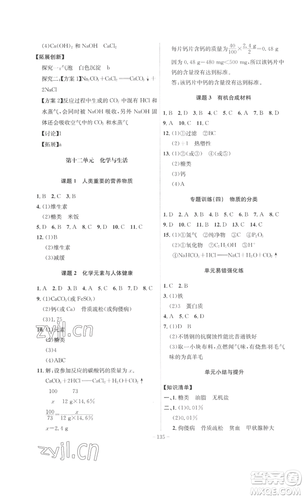 安徽師范大學(xué)出版社2023課時(shí)A計(jì)劃九年級(jí)化學(xué)下冊(cè)人教版安徽專版答案