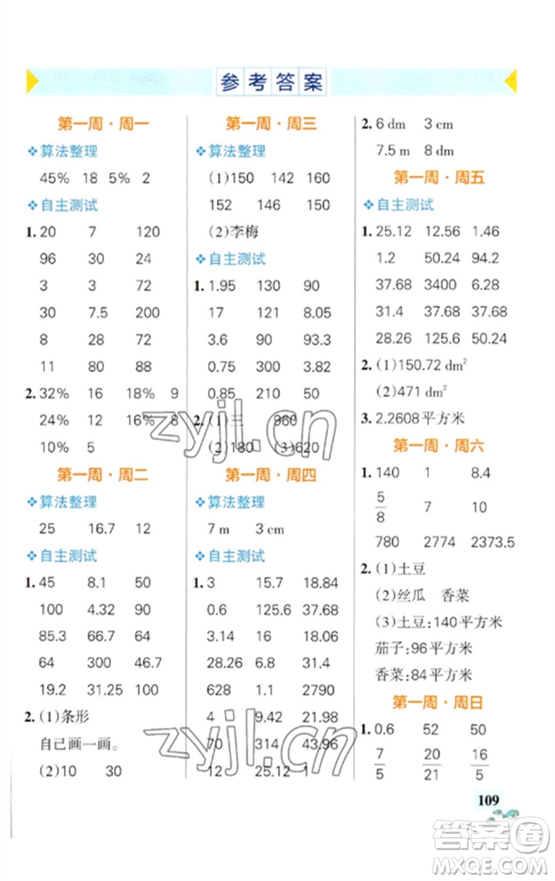 遼寧教育出版社2023小學(xué)學(xué)霸天天計(jì)算六年級(jí)數(shù)學(xué)下冊(cè)蘇教版參考答案