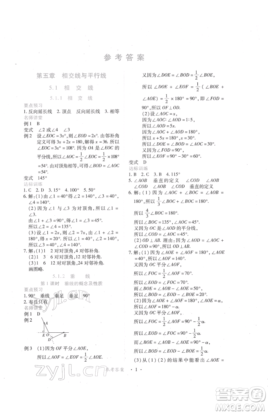 江西人民出版社2023一課一練創(chuàng)新練習(xí)七年級下冊數(shù)學(xué)人教版參考答案